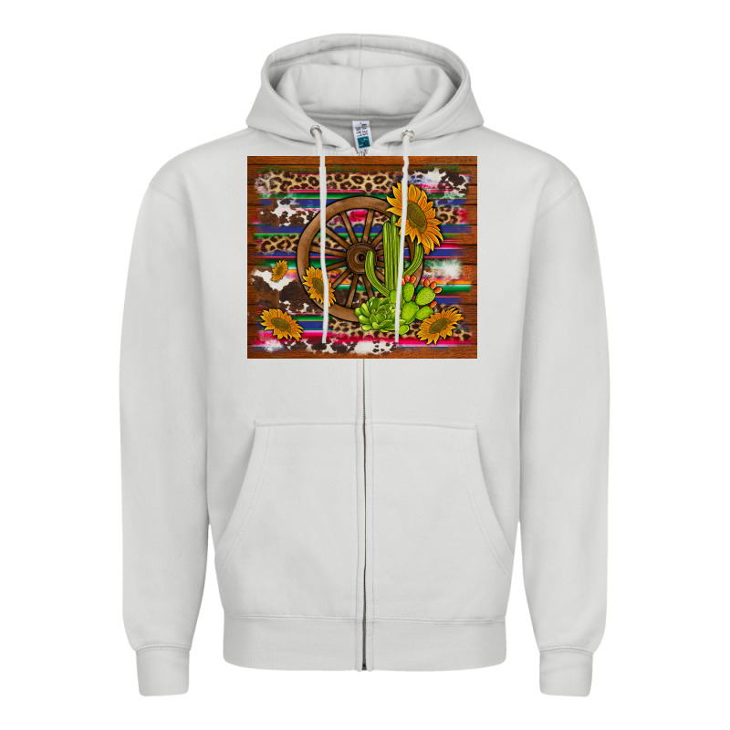 Cactus And Sunflowers With Old Wheel Serape Leopard Cowhide Background Zipper Hoodie by Artiststas | Teevron
