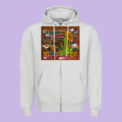 Cactus And Sunflowers With Old Wheel Serape Leopard Cowhide Background Zipper Hoodie Designed By Artiststas