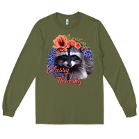 Army Green Classy But A Little Thrashy Racoon With Flowers Long Sleeve Tee - Jasminsmagicworld
