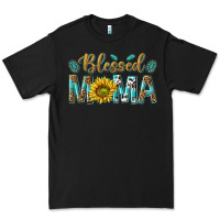 Black Western Blessed Mama with Leopard and Sunflower Premium Tee - texasbilliewilder