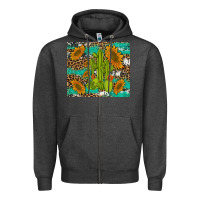 Charcoal Heather cactus and sunflowers turquoise leopard cowhide Zipper Hoodie - Artiststas