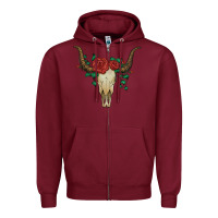 Burgundy bull skull with roses Zipper Hoodie - Artiststas