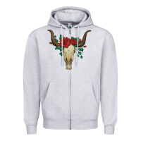 Heather Grey bull skull with roses Zipper Hoodie - Artiststas
