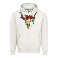 Oatmeal Heather bull skull with roses Zipper Hoodie - Artiststas