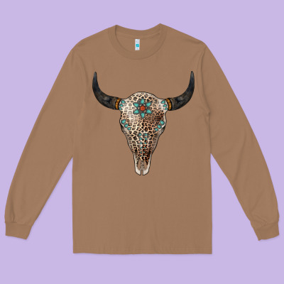 Leopard Bull Skull Long Sleeve Tee Designed By Jasminsmagicworld