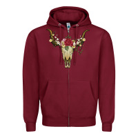 Burgundy bull skull with rose and flowers Zipper Hoodie - Artiststas