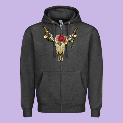 Bull Skull With Rose And Flowers Zipper Hoodie Designed By Artiststas