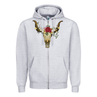 Heather Grey bull skull with rose and flowers Zipper Hoodie - Artiststas