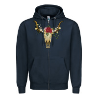 Navy bull skull with rose and flowers Zipper Hoodie - Artiststas