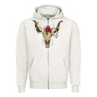 Oatmeal Heather bull skull with rose and flowers Zipper Hoodie - Artiststas