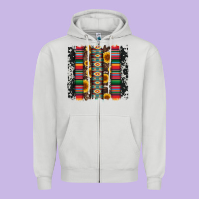 Cowhıde Aztec Serape Wıth Leopard And Sunflowers Brushstroke Zipper Hoodie Designed By Artiststas