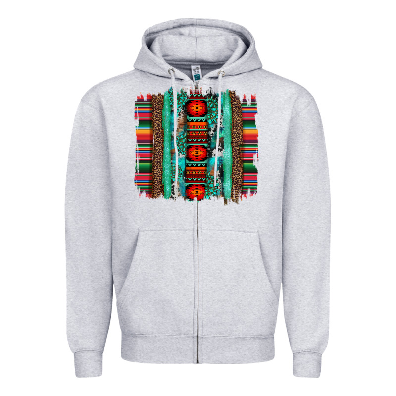 Serape Aztec Leopard And Turquoise Glitter With Gemstone Brushstroke Zipper Hoodie by Artiststas | Teevron