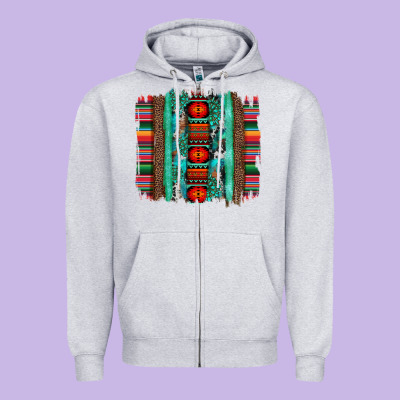 Serape Aztec Leopard And Turquoise Glitter With Gemstone Brushstroke Zipper Hoodie Designed By Artiststas