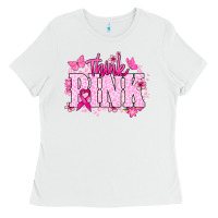 White Think pink Cancer Awareness Ladies Tee - HowdyJamesFarm