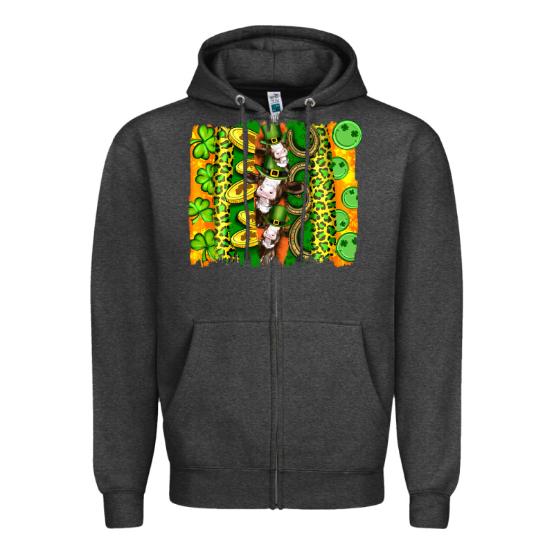 St Patricks Cow And Coin Wıth Clovers And Leopard Brushstrokes Zipper Hoodie by Artiststas | Teevron