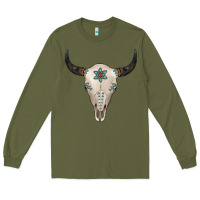 Army Green Turquoise Bull Skull Long Sleeve Tee - Jasminsmagicworld