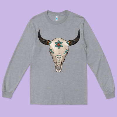 Turquoise Bull Skull Long Sleeve Tee Designed By Jasminsmagicworld