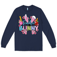 Navy Easter Teacher bunny Long Sleeve Tee - OliviaCreatesArt