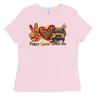 Bubblegum Pink peace love school bus Ladies Tee - texasbilliewilder