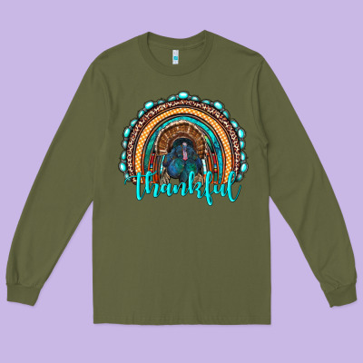 Western Thanksgiving Rainbow With Turkey Long Sleeve Tee Designed By Ranaportraitstore