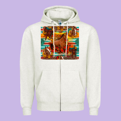 Galloping Horse Serape Sunflowers Turquoise And Saddles Zipper Hoodie Designed By Artiststas