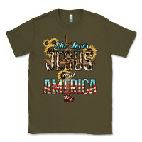 Army Green She loves Jesus and America too sunflower Classic Tee - HowdyJamesFarm