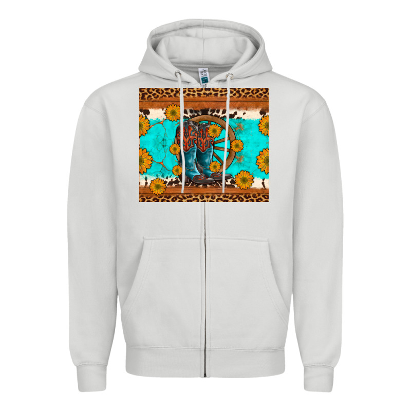 Cowboy Boots And Sunflowers Turquoise Leopard Background Zipper Hoodie by Artiststas | Teevron