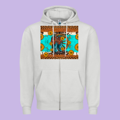 Cowboy Boots And Sunflowers Turquoise Leopard Background Zipper Hoodie Designed By Artiststas