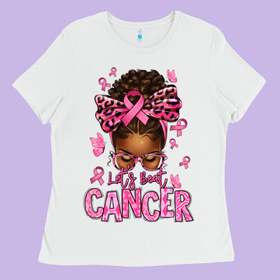Lets Beat Cancer Afro Messy Bun Ladies Tee Designed By Texasbilliewilder
