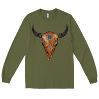 Army Green Western Tooled Leather Bull Skull Long Sleeve Tee - Jasminsmagicworld