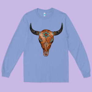 Western Tooled Leather Bull Skull Long Sleeve Tee Designed By Jasminsmagicworld