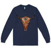 Navy Western Tooled Leather Bull Skull Long Sleeve Tee - Jasminsmagicworld