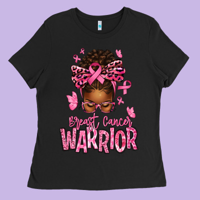 Brest Cancer Warrior Afro Messy Bun Ladies Tee Designed By Texasbilliewilder