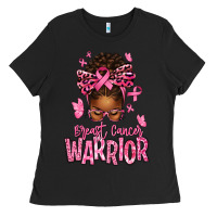 Black brest cancer warrior afro messy bun Ladies Tee - texasbilliewilder