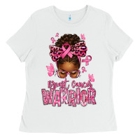 White brest cancer warrior afro messy bun Ladies Tee - texasbilliewilder