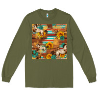 Army Green Western Horse Sunflowers Gemstone Seamless Pattern Long Sleeve Tee - FaDigitalArtStudio