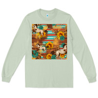 Matcha Western Horse Sunflowers Gemstone Seamless Pattern Long Sleeve Tee - FaDigitalArtStudio