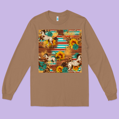 Western Horse Sunflowers Gemstone Seamless Pattern Long Sleeve Tee Designed By Fadigitalartstudio