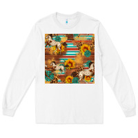 White Western Horse Sunflowers Gemstone Seamless Pattern Long Sleeve Tee - FaDigitalArtStudio