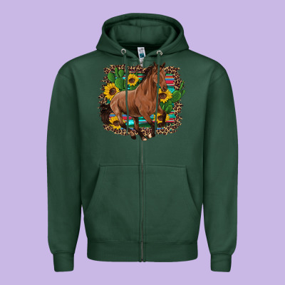 Western Horse Cactus Sunflowers Serape Leopard  Turquoise Wooden Zipper Hoodie Designed By Artiststas