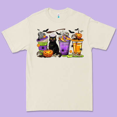 Halloween Cat Coffee Cups Premium Tee Designed By Texasbilliewilder