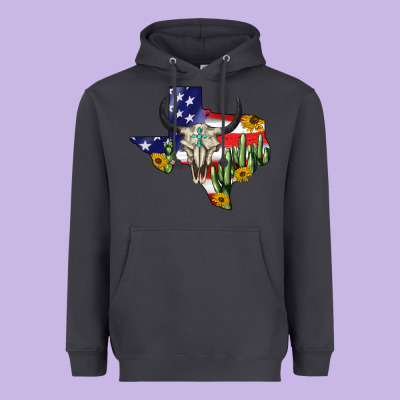 Bull Skull Texas Map American Playng Heavyweight Hoodie Designed By Barkaloodesign