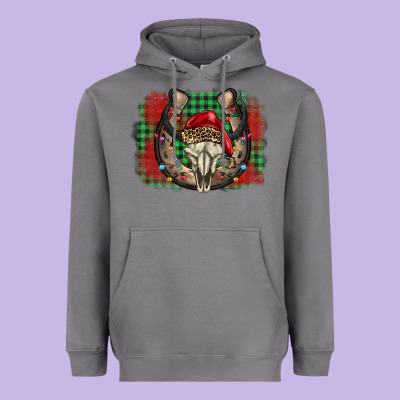 Christmas Horseshoe Bull Skull Heavyweight Hoodie Designed By Barkaloodesign