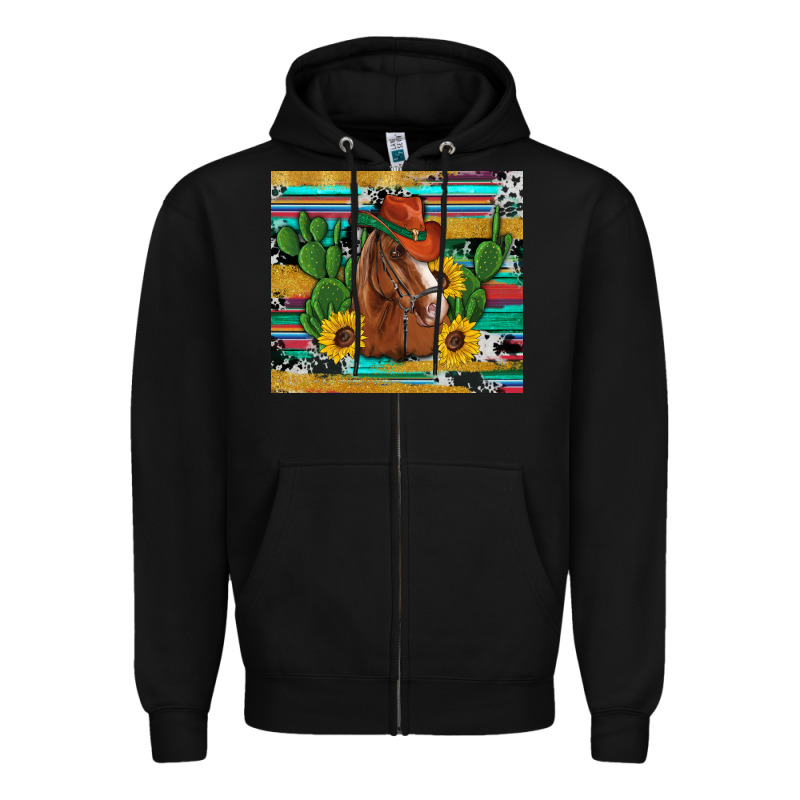 Western Horse Cowboy Hat Cactus Sunflowers Glitter Cowhide Serape Turq Zipper Hoodie by Artiststas | Teevron