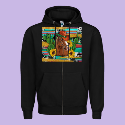 Western Horse Cowboy Hat Cactus Sunflowers Glitter Cowhide Serape Turq Zipper Hoodie Designed By Artiststas