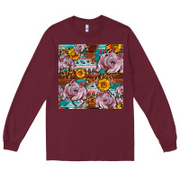 Burgundy Western Landrace Pig With Sunflowers Seamless Long Sleeve Tee - FaDigitalArtStudio