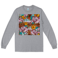 Heather Grey Western Landrace Pig With Sunflowers Seamless Long Sleeve Tee - FaDigitalArtStudio