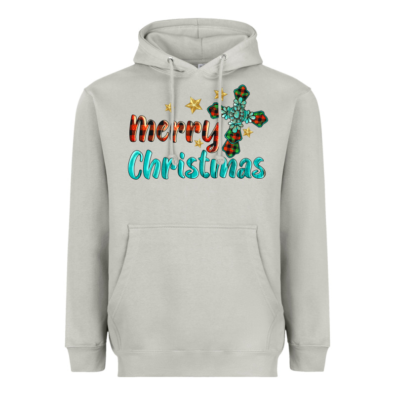 Merry Christmas Turquoise Gemstones Cross Heavyweight Hoodie by BarkalooDesign | Teevron