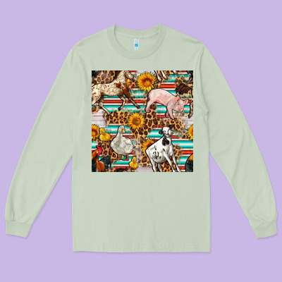 Western Leopard Farm Animals Seamless Pattern Long Sleeve Tee Designed By Fadigitalartstudio