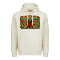 Oatmeal Heather lady of guadalupe serape background Premium Hoodie - Jasminsmagicworld